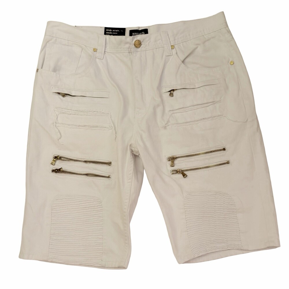 Makobi Men’s White Moto Denim Shorts Size 38 Zipper Pocket Biker Style